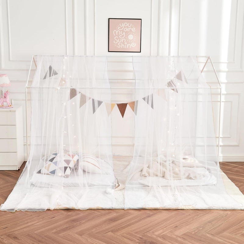 WANFASO House White Bed Canopy with Lights, Princess Sheer Canopy Bed Curtain for Girls Kids Room Decor, Twin Bed Canopy Scarf Curtains (2 Panel) - Image 1